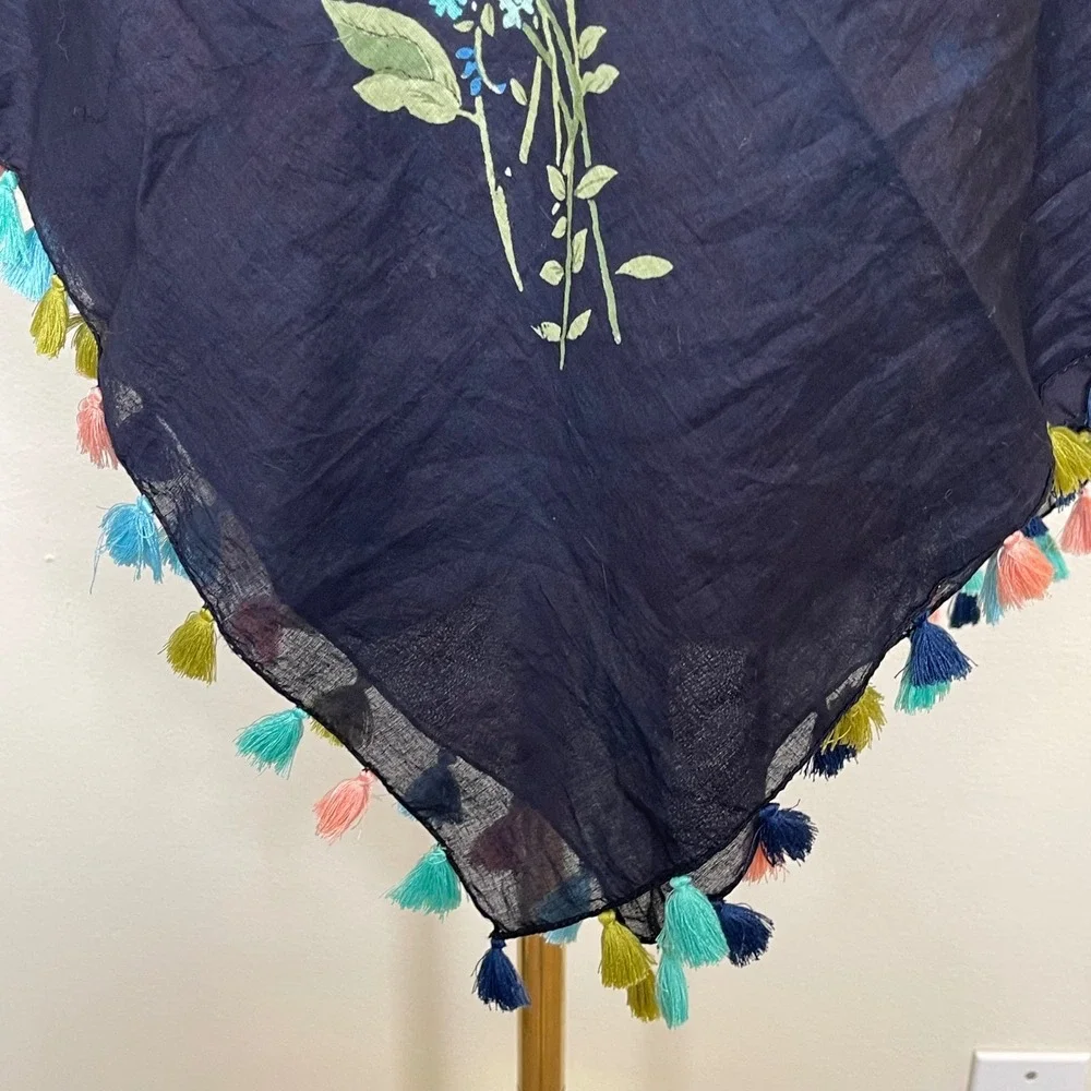 Bohemian Floral Print Square Scarf Shawl Tassel Trim Blue Green Pink Art to Wear